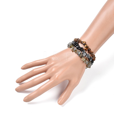 Chips Natural Labradorite & Snowflake Obsidian & Tiger Eye Beaded Stretch Bracelets Sets BJEW-JB05332-05-1