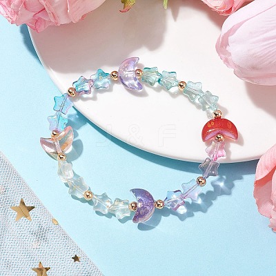 Moon and Star Glass Beaded Stretch Bracelet BJEW-JB09956-1
