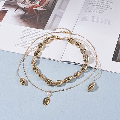 Natural Cowrie Shell Natural Pearl Pendant Necklaces NJEW-JN03745-1
