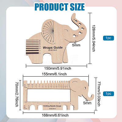 1 Set Elephant Shape Wooden Knitting Needle Gauge & Yarn Wrap Guide Board DIY-BC0006-94-1