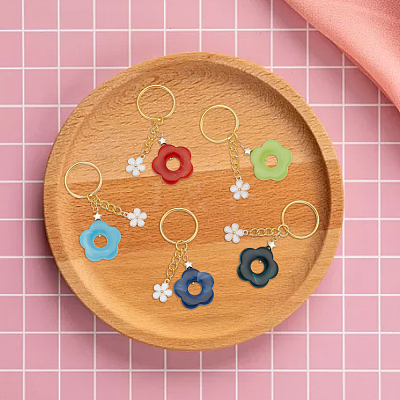 8Pcs 8 Color Flower Acrylic & Alloy Enamel Charm Keychains KEYC-PH01511-1