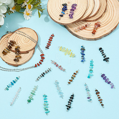 32Pcs 16 Styles Natural Chip Gemstone Beaded Connector Charms PALLOY-GO00060-1
