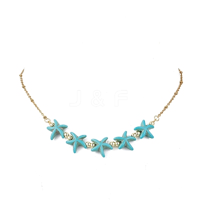 Ocean Dyed Synthetic Turquoise Starfish Beaded Bib Necklaces with 304 Stainless Steel Satellite Chains NJEW-JN05979-01-1