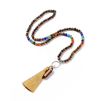 Natural Tibetan Agate Bullet & Tassel Pendant Necklace with Mixed Gemstone Beaded Chains NJEW-E585-02B-1