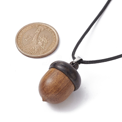 Acorn Shape Wood Locket Pendant Necklace with Wax Cords NJEW-JN04485-1