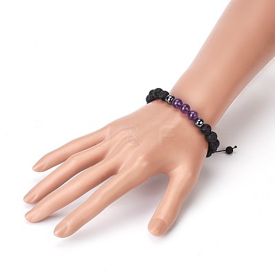 Natural Lava Rock and Non-Magnetic Synthetic Hematite Beads Braided Bead Bracelets BJEW-JB03975-01-1