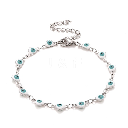 Enamel Heart with Evil Eye Link Chains Bracelet BJEW-P271-07P-02-1