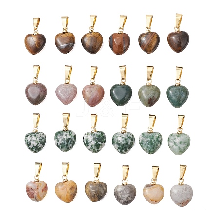 Natural Indian Agate & Tiger Eye & Green Spot Jasper & Crazy Agate Heart Charms PALLOY-JF05058-1