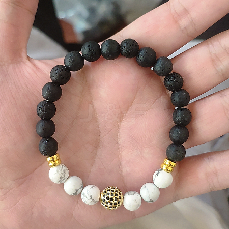 Natural Howlite & Lava Rock & Cubic Zirconia Round Beads Stretch Bracelets for Men Women Round Beads Stretch Bracelets for Men Women FF8165-8-1