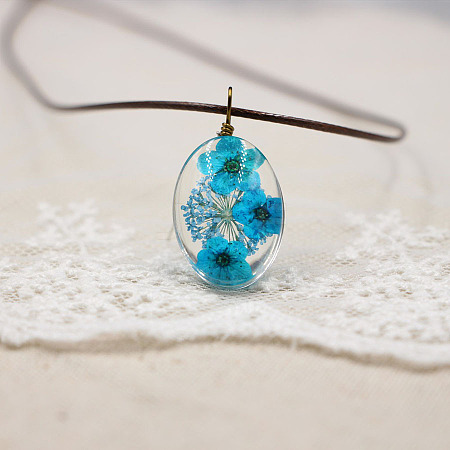Alloy Wire Wrapped Oval Glass Inner Dried Flower Pendant Waxed Cord Necklaces for Women FS-WG6B63C-07-1