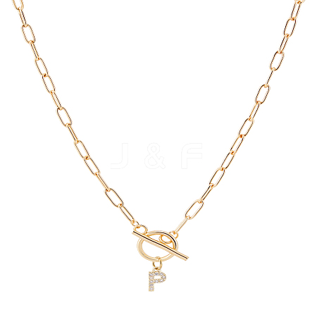 1Pc 304 Stainless Steel Chain & Brass Micro Pave Cubic Zirconia Letter Pendant Necklaces NJEW-LP0001-36P-G-1