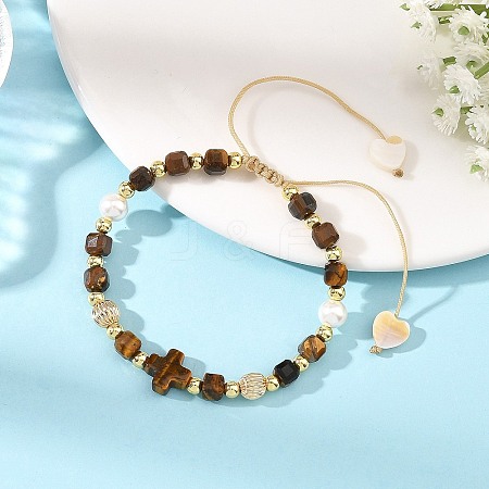 Natural Tiger Eye Faceted Cube Braided Bead Bracelets BJEW-JB14379-02-1