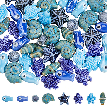 56Pcs 8 Styles Glazed Porcelain Beads PORC-SC0001-37-1
