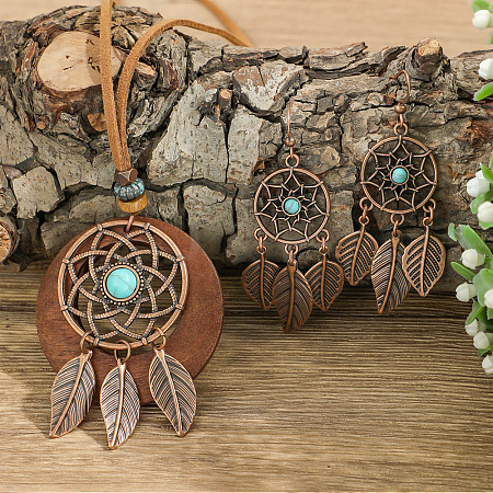 Bohemian Style Alloy & Wood & Synthetic Turquoise Pendant Necklaces & Dangle Earrings Sets WG14320-02-1