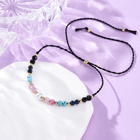 Faceted Round Turquoise & Natural Rose Quartz & Lapis Lazuli Braided Bead Bracelets BJEW-F493-09G-01-1