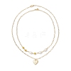 Natural Cultured Freshwater Pearl Rice Beads Brass Heart with Letter Pendant Paperclip Chain Double Layered Necklaces NJEW-JN05378-03-4