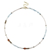 Natural Aquamarine & Quartz Crystal & Carnelian Faceted Round Beaded Necklaces NJEW-YW00007-1
