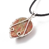 Natural Unakite Leaf Cage Pendant Necklace with Waxed Cords NJEW-TA00035-03-5
