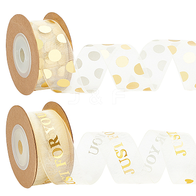 2 Rolls 2 Styles Valentine's Day Hot Stamping Polka Dot & Word Organza Ribbons SRIB-FG0001-17-1