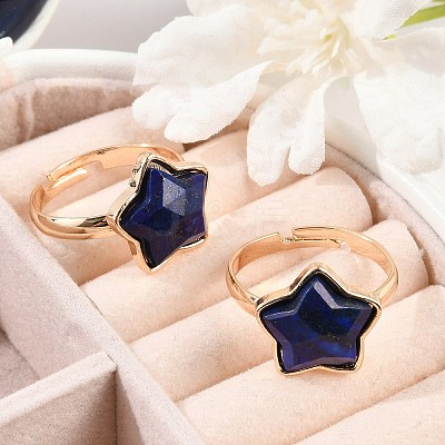 Star Natural Lapis Lazuli Adjustable Rings RJEW-H241-01G-01-1