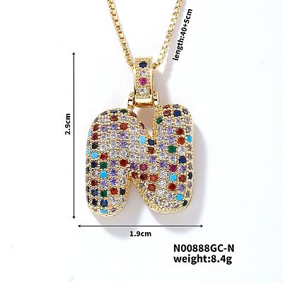 Brass Pave Colorful Cubic Zirconia Letter Pendant Box Chain Necklaces NU0575-14-1