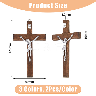 6Pcs 3 Colors Religion Cross Wood Big Pendants WOOD-DC0001-18-1