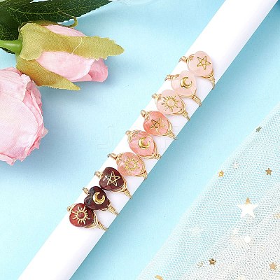 Brass & Cherry Quartz Rose Quartz Natural Red Rainbow Jasper Finger Rings for Women RJEW-JR00872-1