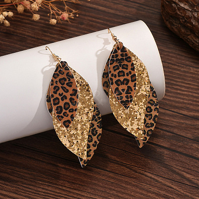 Leaf with Leopard Print Alloy Imitation Leather Dangle Earrings FS-WG184A7-01-1