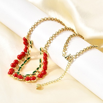 Brass Red Enamel Fruit Link Chain Necklaces NJEW-K287-04A-G-1