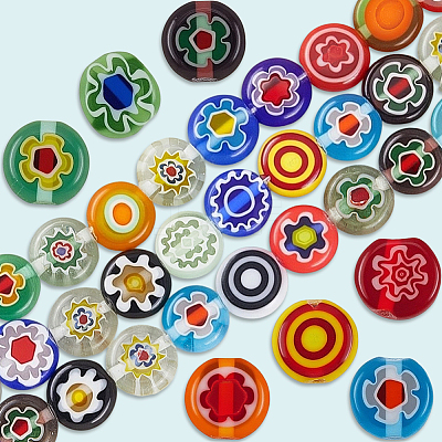 3 Strands Flat Round Handmade Millefiori Glass Beads Strands LAMP-LT0001-15B-1