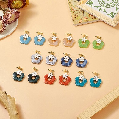 8 Pair 8 Color Alloy Enamel with Acrylic Imitation Gemstone Flower Dangle Stud Earrings EJEW-JE05237-1