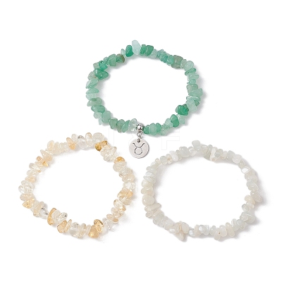 3Pcs 3 Styles Natural White Moonstone & Citrine & Green Aventurine Chips Stretch Bracelets Sets BJEW-JB11076-04-1