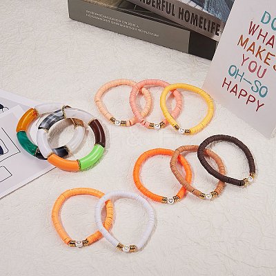 10Pcs 10 Style Handmade Polymer Clay Heishi Beaded Stretch Bracelets Set with Heart BJEW-SW00036-01-1