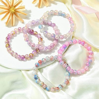 5Pcs 5 Color Crackle Glass Round Beaded Stretch Bracelets Set BJEW-JB09695-01-1