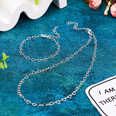 1 Set Brass Heart Link Chain Bracelet & Necklace SJEW-TA0001-05-1
