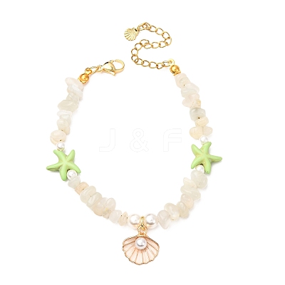 Natural Moonstone Chips & Starfish Synthetic Turquoise & Shell Pearl Beads Bracelets BJEW-JB12413-01-1