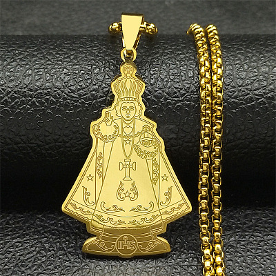 201 Stainless Steel Saint Benedict Medal Pendant Necklaces LS-NJEW-K283-37G-1