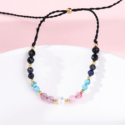Faceted Round Turquoise & Natural Rose Quartz & Lapis Lazuli Braided Bead Bracelets BJEW-F493-09G-01-1