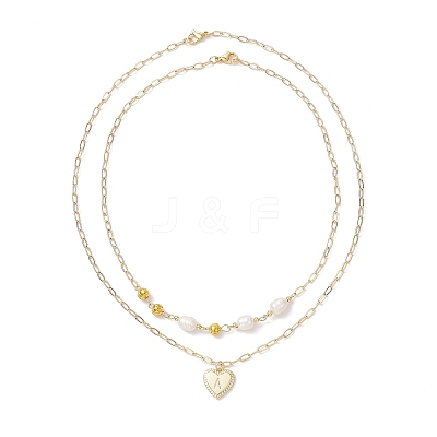 Natural Cultured Freshwater Pearl Rice Beads Brass Heart with Letter Pendant Paperclip Chain Double Layered Necklaces NJEW-JN05378-03-1