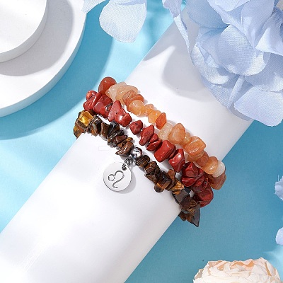 3Pcs 3 Styles Natural Red Aventurine & Red Jasper & Tiger Eye Chips Stretch Bracelets Sets BJEW-JB11076-07-1