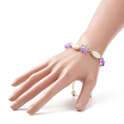Natural Cowrie Shell & Glass Starfish Braided Bead Bracelet for Women BJEW-JB09943-1