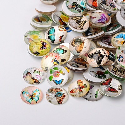 Butterfly Printed Glass Half Round/Dome Cabochons X-GGLA-N004-12mm-C-1