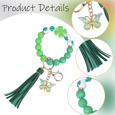 1Pc Butterfly with Clover Silicone & Imitation Leather Tassel Keychains HJEW-BM0001-89-1