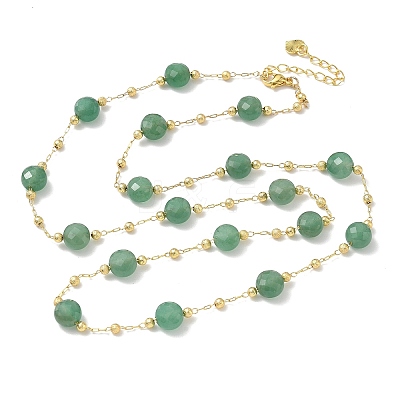 Natural Green Aventurine Faceted Flat Round Beaded Chain Necklaces with Matte Brass Beads GG-CBA37F5-01G-10-1
