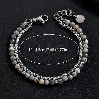 Natural Map Stone Round Beaded 2-Strand Bracelets with 201 Stainless Steel Box Chains for Men Women EI8345-5-1