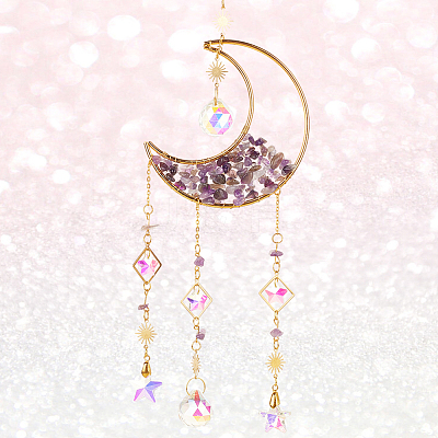 1Pc Alloy & Natural Gemstone Chips Moon Hanging Ornaments HJEW-BBC0001-17C-1