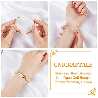 304 Stainless Steel Grooved Line Open Cuff Bangle for Men Women STAS-UN0043-40-1