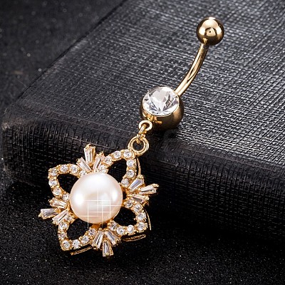 Brass Cubic Zirconia and Pearl Navel Ring AJEW-EE0004-05-1