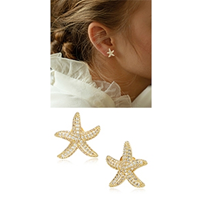 1 Pair Starfish Brass Micro Pave Clear Cubic Zirconia Studs Earrings EJEW-SZ0002-08G-1