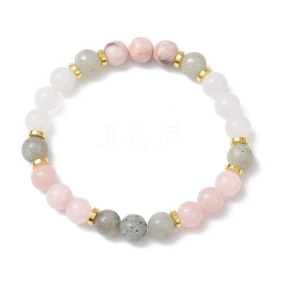 Natural Mashan Jade & White Jade & Labradorite & Pink Zebra Jasper & Alloy Beads Stretch Bracelets for Women BJEW-JB12831-1